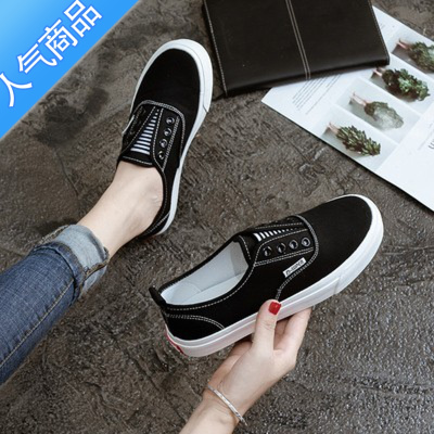 SUNTEK黑色帆布鞋女2023新款春夏秋季小众设计感懒人一脚蹬休闲板鞋