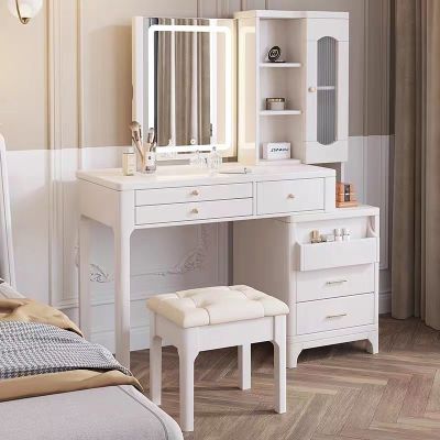 青木川 现代简约实木梳妆台主卧室房间家用成人床头收纳柜斗柜一体镜子可以隐藏化妆桌