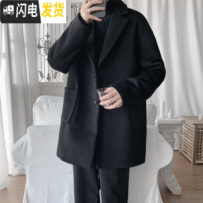 HLCOMAN男士风衣外套韩版潮流宽松中长款毛呢大衣秋冬港风排扣大码上衣服风衣