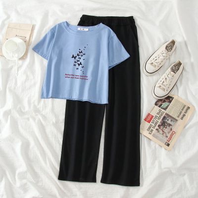 单/套装夏季新款时尚阔腿裤两件套女学生韩版休闲短款蝴蝶短袖T恤威珺