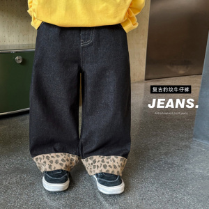 童酷男童秋款复古豹纹拼接中小童长裤洋气百搭宽松儿童牛仔裤