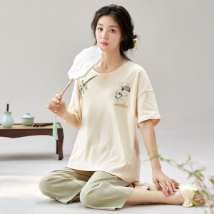 国风新中式新款棉质套装夏季女士短袖七分裤休闲家居服薄款可外穿