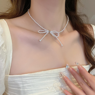 法式超仙蝴蝶结珍珠项链女2024新款轻奢小众choker颈链锁骨链送女朋友老婆情人节七夕生日礼物