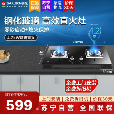 樱花(SAKURA) 燃气灶 钢化玻璃 双灶具 煤气灶 台嵌两用4.2KW大火力 高效直火灶JZT-G8203天然气