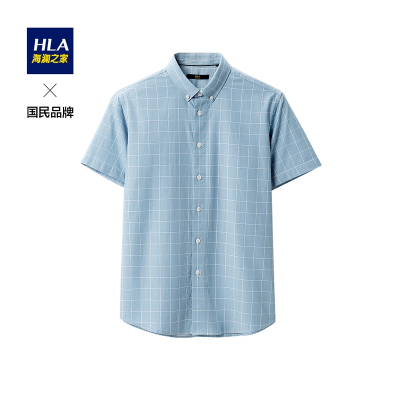 HLA海澜之家格纹休闲短袖衬衫2021夏季扣领尖领短衬男HNECD2D041A