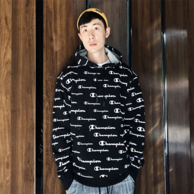 champion冠军卫衣秋冬满印logo慵懒风连帽黑色长袖男女