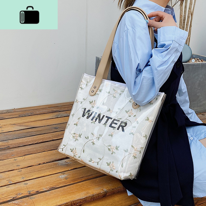 夏季透明包包2020新款潮单肩包大容量女包时尚网红百搭果冻托特包NEW LAKE女士单肩包