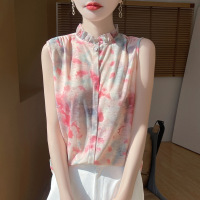 法式无袖印花衬衫女2025夏季新款洋气木耳领碎花小衫显瘦百搭上衣