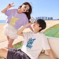 [1.5折价38元]唐狮情侣装短袖T恤男夏季新款复古涂鸦文字宽松上衣女体恤潮