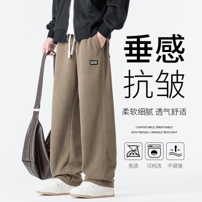 春秋季新款男装宽松直筒休闲长裤男青少年松紧腰抽绳垂感百搭卫裤