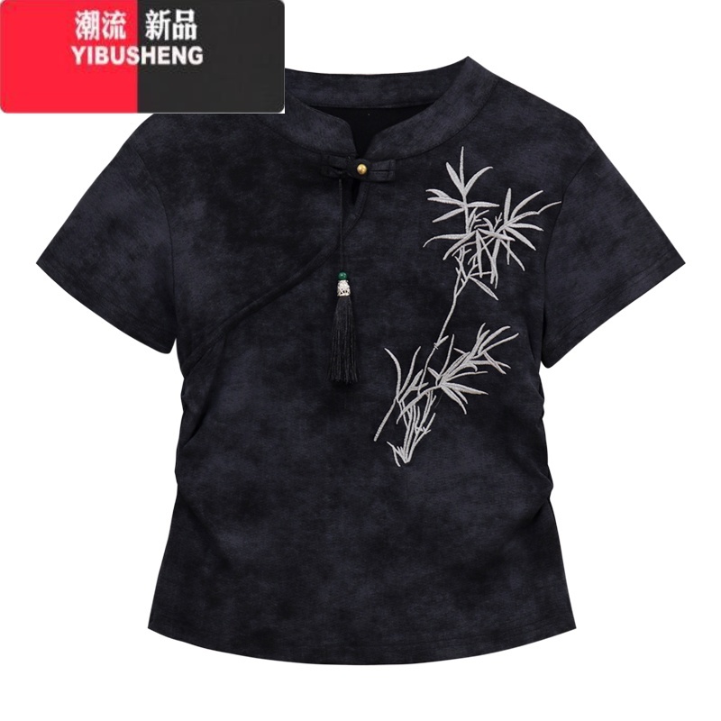 YIBUSHENG新中式国风复古刺绣短袖T恤女季2024新款气质百搭立领短款上衣