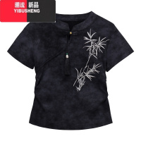 YIBUSHENG新中式国风复古刺绣短袖T恤女季2024新款气质百搭立领短款上衣
