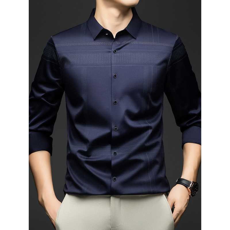 无痕衬衫男士春秋季高级感商务格子衬衣男潮流时尚休闲中年爸爸装