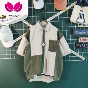 七斓夏季港风潮牌拼色工装衬衫男短袖韩版潮流痞帅休闲五分袖衬衣外套