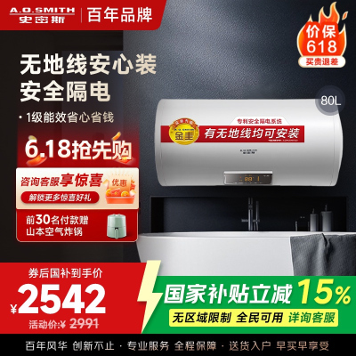AO史密斯80升电热水器 无地线可安装 专利安全隔电 金圭内胆 速热节能 一键中温保温E80VDS 预约洗浴
