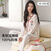 100%全棉睡衣女纯棉柔软舒适翻领条纹秋季长袖长裤女士家居服套装_710