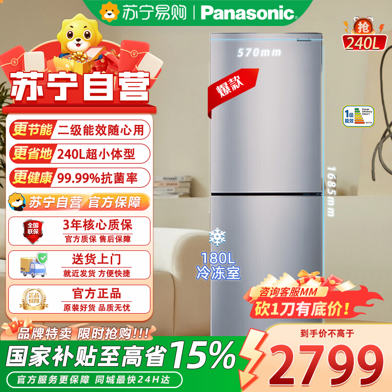 松下(Panasonic)240L 冰箱风冷无霜两门双门小型家用电冰箱NR-EB24WSP-S