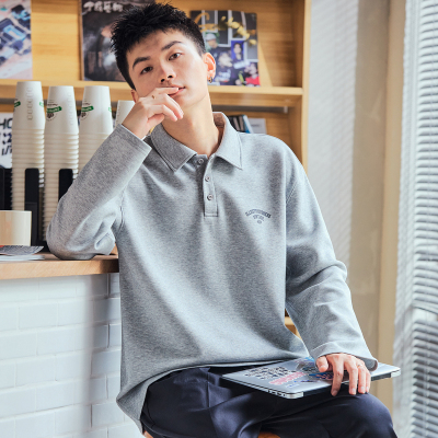 [3件8.5折93.4元,叠加优惠券]唐狮春秋季新款Polo衫男士长袖灰色宽松有质感带翻领t恤上衣