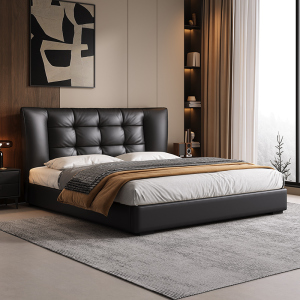 苏宁官方意式极简真皮床轻奢现代北欧主卧小户型双人床-华夫饼