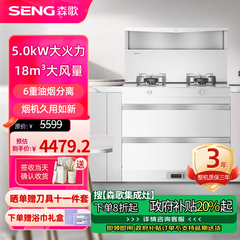 森歌(SENG)集成灶L1白色消毒柜款外观美 大容量 一体式吸烟机燃气灶具 家用抽油烟机燃气灶套装 液化气白色款