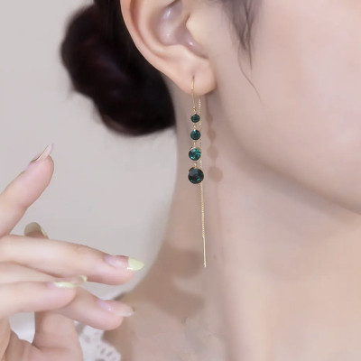 高级感祖母绿水钻耳线S925银针耳坠2025年新款潮气质长款流苏耳环送女朋友老婆情人节七夕生日礼物