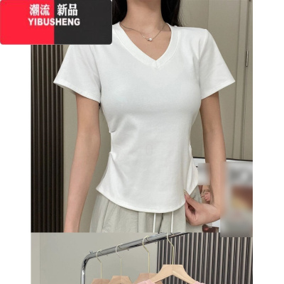 YIBUSHENG大码休闲白色短袖t恤女季胖MM遮肉显瘦小衫正肩设计感开叉上衣