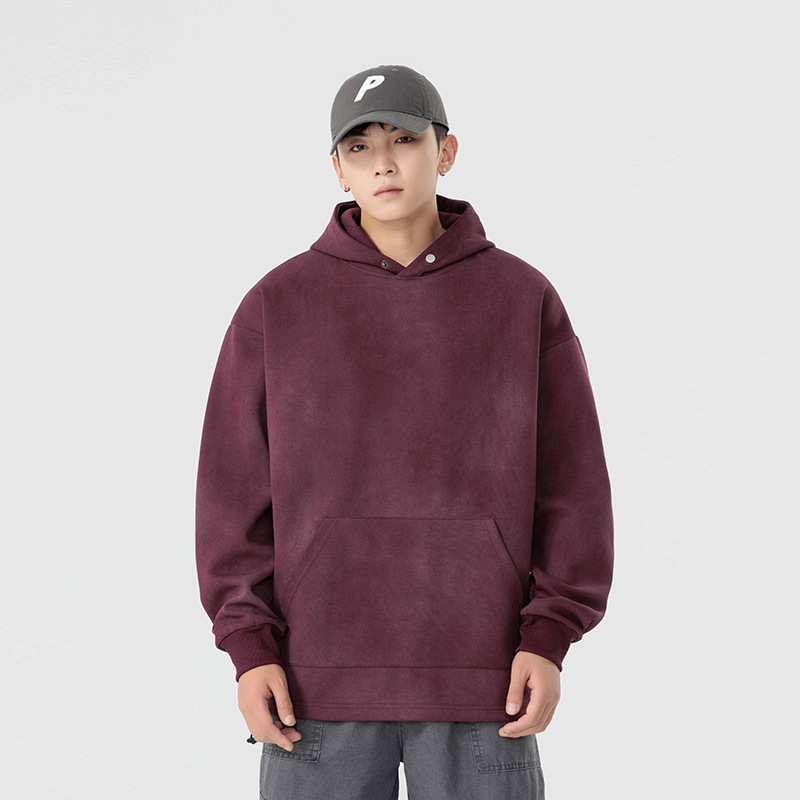 |港风简约早秋宽松复古卫衣纯色连帽上衣新款休闲男情侣款