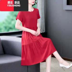 YIBUSHENG棉绸连衣裙女中长款大摆短袖宽松休闲季妈妈中老年外穿气质纯色