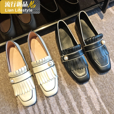 方头流苏珍珠平底单鞋春季真皮英伦风网红一脚蹬大码41乐福鞋43女知义(ZHIYI)休闲鞋