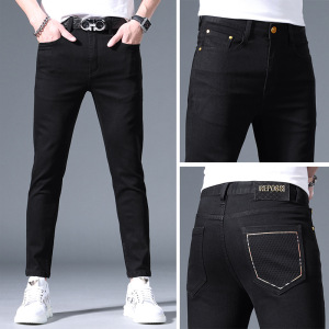 欧货牛仔裤男夏季薄款新款烫印个性潮流弹力修身小脚长裤子男