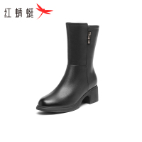 红蜻蜓女靴2025新款春秋季女鞋头层牛皮加绒内里橡胶大底防滑雪地靴时尚百搭