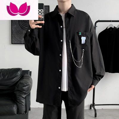 七斓黑色长袖衬衫男夏季港风痞帅宽松衬衣潮牌嘻哈小众设计感炸街外套