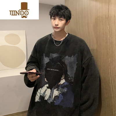 YANXU水洗做旧潮牌圆领卫衣男款无帽上衣美式高街oversize外套