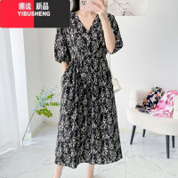 YIBUSHENG棉绸连衣裙女季新款V领收腰显瘦半袖沙滩裙气质人造棉碎花长裙