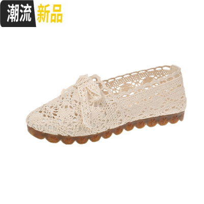 2020秋季新款韩版豆豆鞋女平底浅口单鞋透气镂空懒人鞋蕾丝孕妇鞋广赫