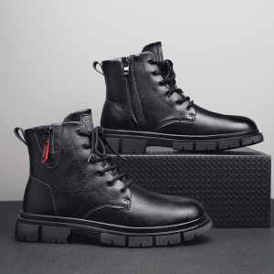 秋冬季新款皮靴中帮侧拉链户外防风运动短靴青年增高时尚黑色男靴