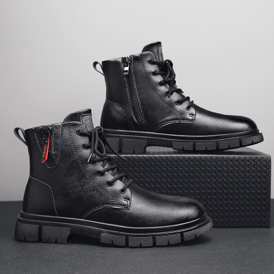 秋冬季新款皮靴中帮侧拉链户外防风运动短靴青年增高时尚黑色男靴