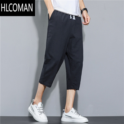 HLCOMAN短裤男夏季薄款套装亚麻七分裤潮牌阔腿裤冰丝裤棉麻休闲运动裤