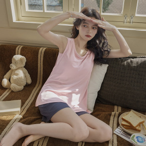 夏季冰丝少女薄款坎肩无袖背心带胸垫短裤女家居服纯色简约两件套