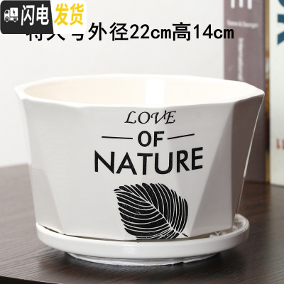 三维工匠花盆陶瓷创意个性两个大号特大号带托盘家用绿萝多肉花盆 浅绿色菱树叶一个特大 大花盆容器