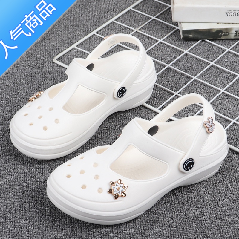 SUNTEK洞洞鞋女轻底白色凉鞋护士鞋医护半拖舒适防滑夏季包头两穿沙滩鞋