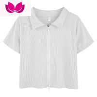 七斓短袖t恤正肩拉链短款polo领女装夏季白色显瘦小众独特辣妹上衣服