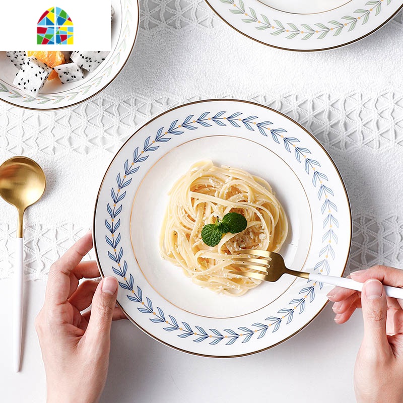 树叶金边米饭碗家用汤盘菜盘面碗创意个红陶瓷餐具套装 FENGHOU 树叶金边8英寸平盘蓝