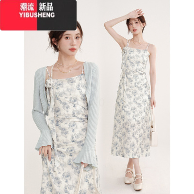 YIBUSHENG木易易 海边度假吊带连衣裙两件套女2024新款收腰气质碎花长裙