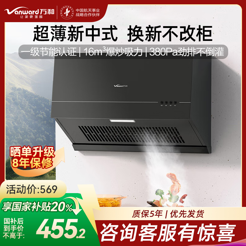 万和(Vanward)抽吸油烟机 中式家用16m³大吸力 厨房超薄 新中式 小型 抽风机梅赛思CXW-260-H03C