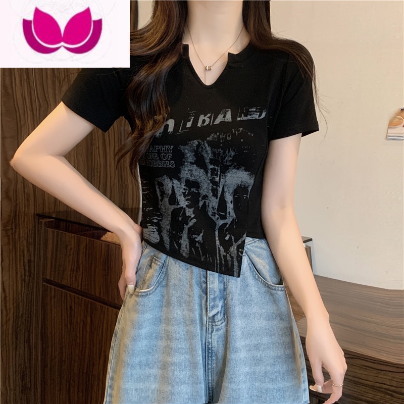 七斓美式复古不规则短袖t恤女夏修身显瘦小个子短款半袖辣妹上衣潮ins