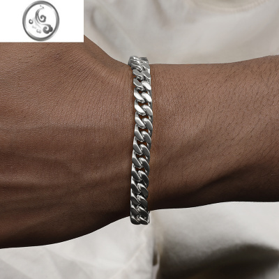 JiMi 银色磨砂古巴链手链男女嘻哈情侣款同款欧美潮流 cuban link