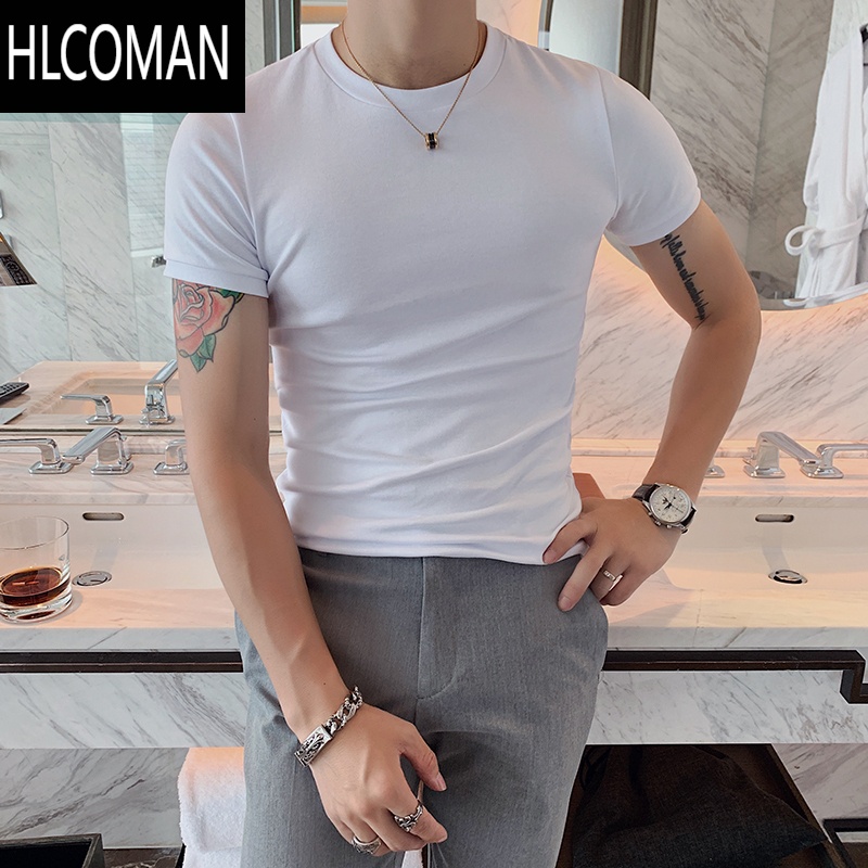 HLCOMAN英伦夏季白色弹力t恤修身网红短袖T恤男韩版百搭黑色紧身打底衫潮