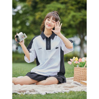 [2.5折价74元]唐狮夏季女袖子拼接撞色短袖polo衫显瘦百搭韩系休闲潮流