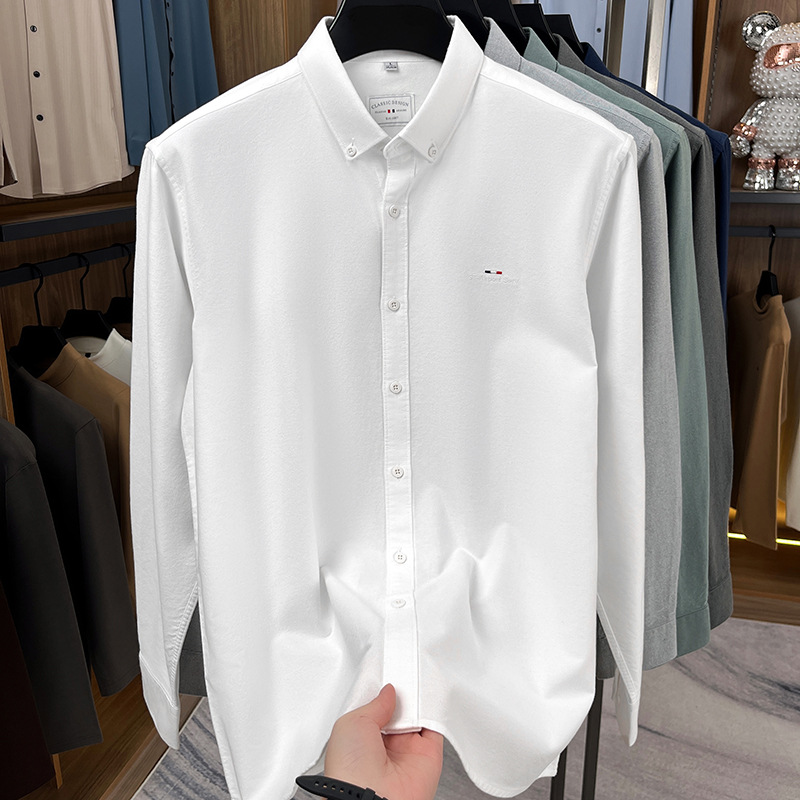 100%棉磨毛长袖衬衫男秋季新款商务翻领纯色刺绣男士衬衫